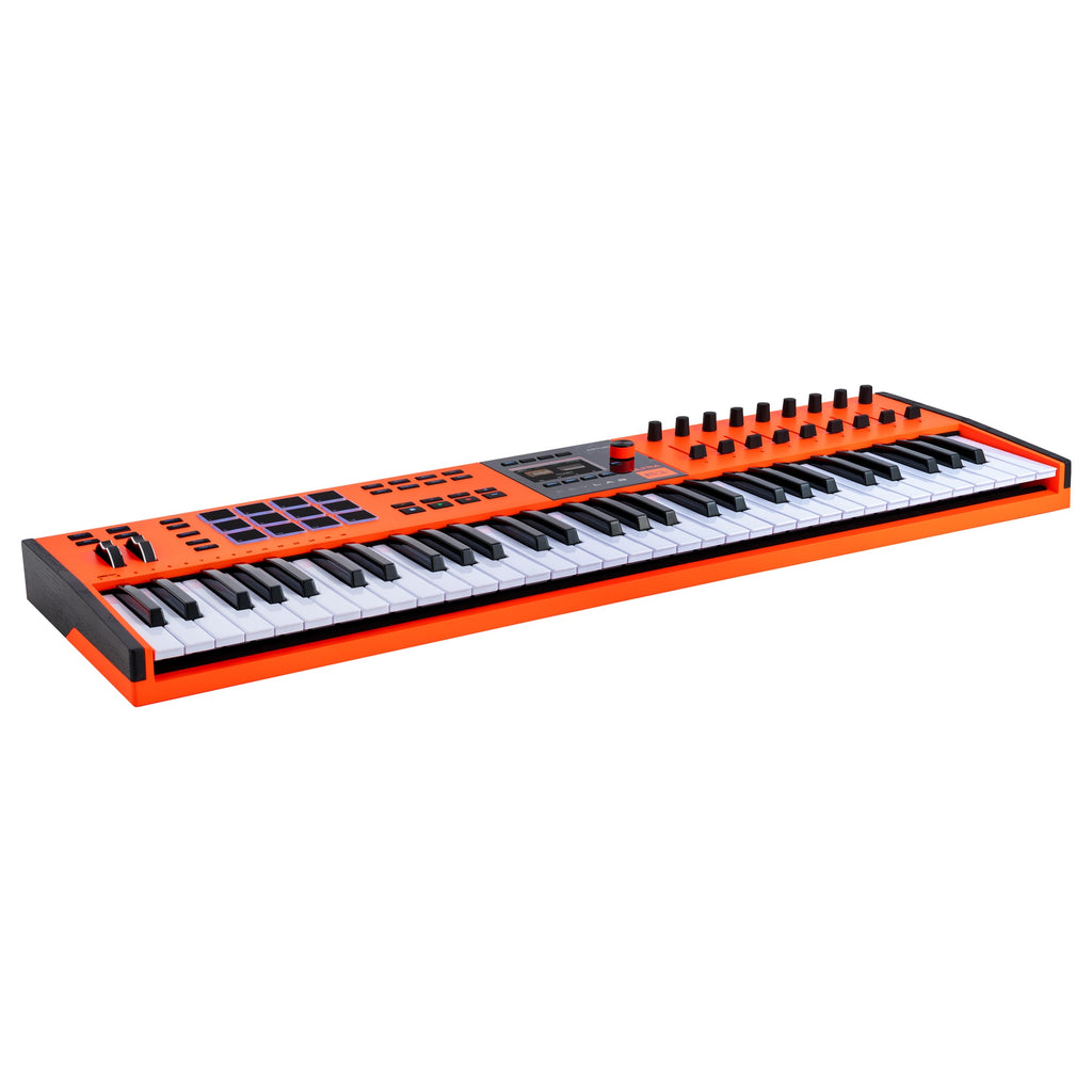 Arturia KeyLab 61 MK3 Ultra MIDI keyboard in orange finish, angled right view showing wooden end panel