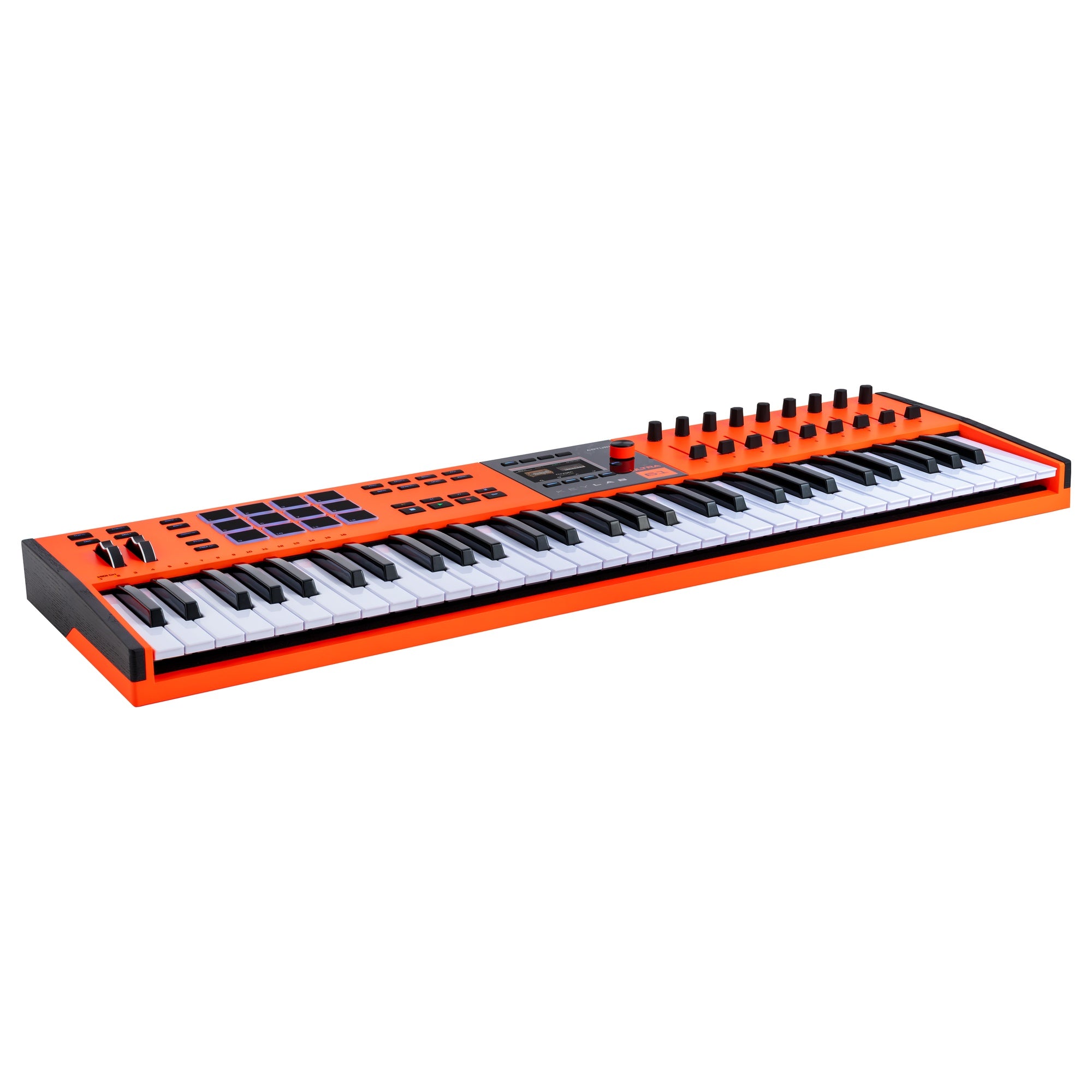 Arturia KeyLab 61 MK3 Ultra MIDI keyboard in orange finish, angled right view showing wooden end panel