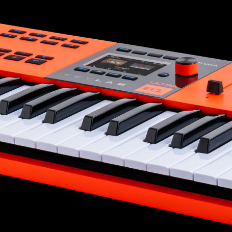 Arturia KeyLab 61 MK3 Ultra orange finish close-up of OLED display, encoder and Ultra badge