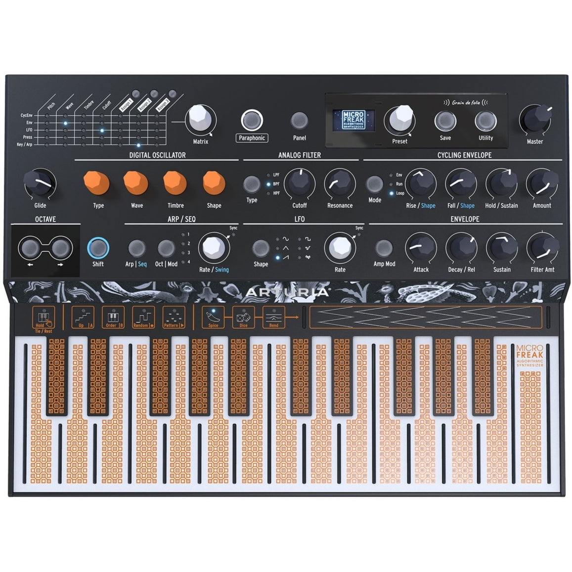 Arturia Microfreak synthesizer, top view of control panel and keys