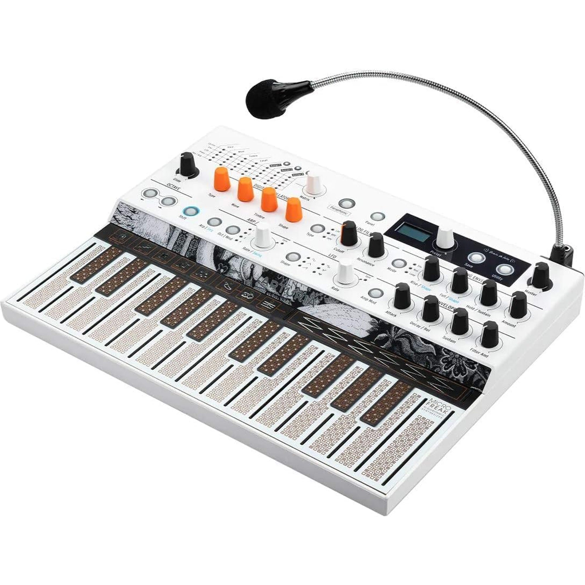 Arturia MicroFreak Vocoder Edition synthesizer with keyboard and control knobs, showcasing its sleek design and modern interface.