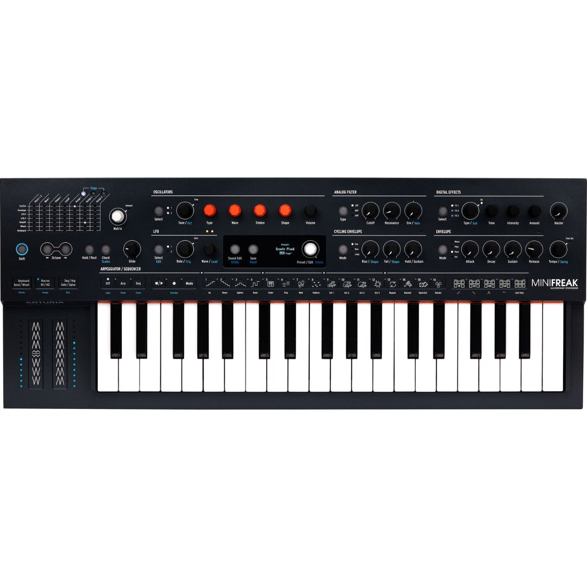 Arturia MiniFreak synthesizer, front panel detail
