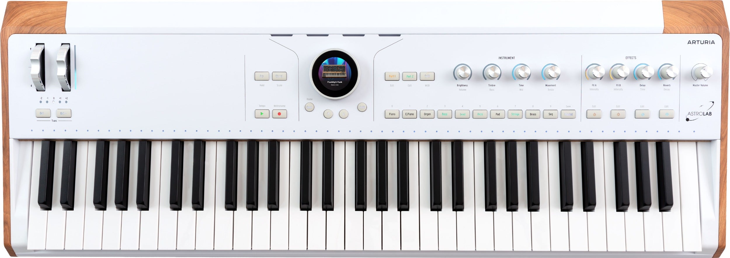 Arturia AstroLab 61 performance keyboard with black and red design, featuring multiple control knobs and a sleek digital interface.