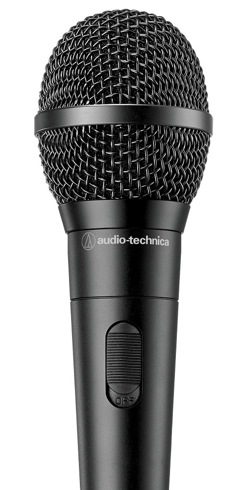 Audio Technica ATR1300x dynamic microphone shown from the bottom, highlighting its build and connection port.