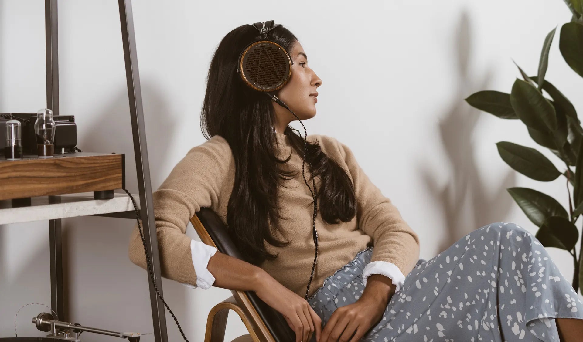 Audeze LCD-3 wired headphones with leather ear cups and headband, black finish, showing the sleek design and premium build quality.