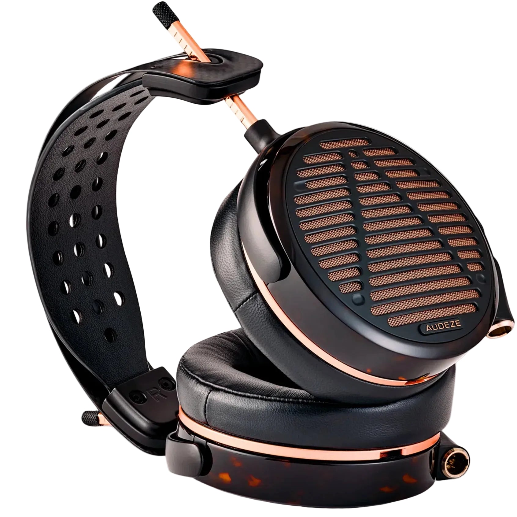 Audeze LCD-5s wired headphones with open-back design and sleek black ear cups on a wooden surface.