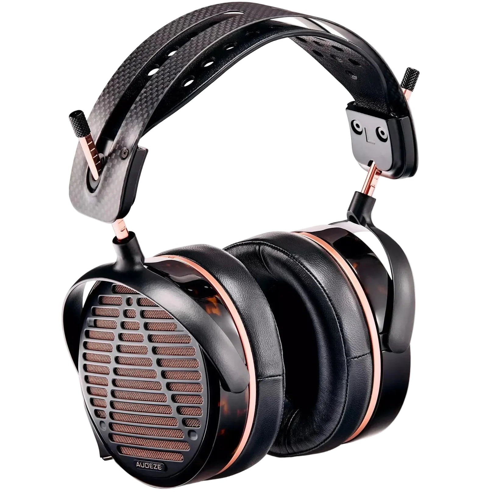 Audeze LCD-5 wired headphones with sleek black design and adjustable headband, close-up view of high-end audio equipment.