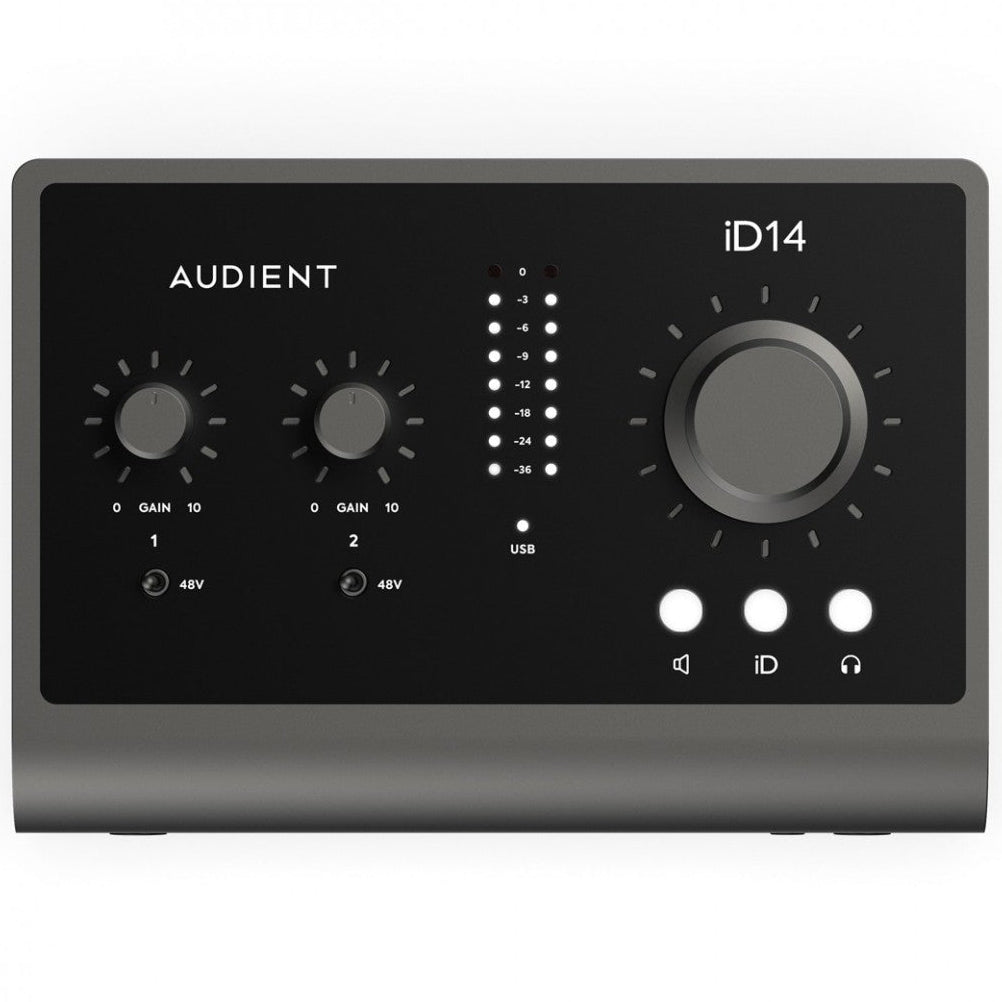 Audient iD14 MK2 audio interfaces, lifestyle shot