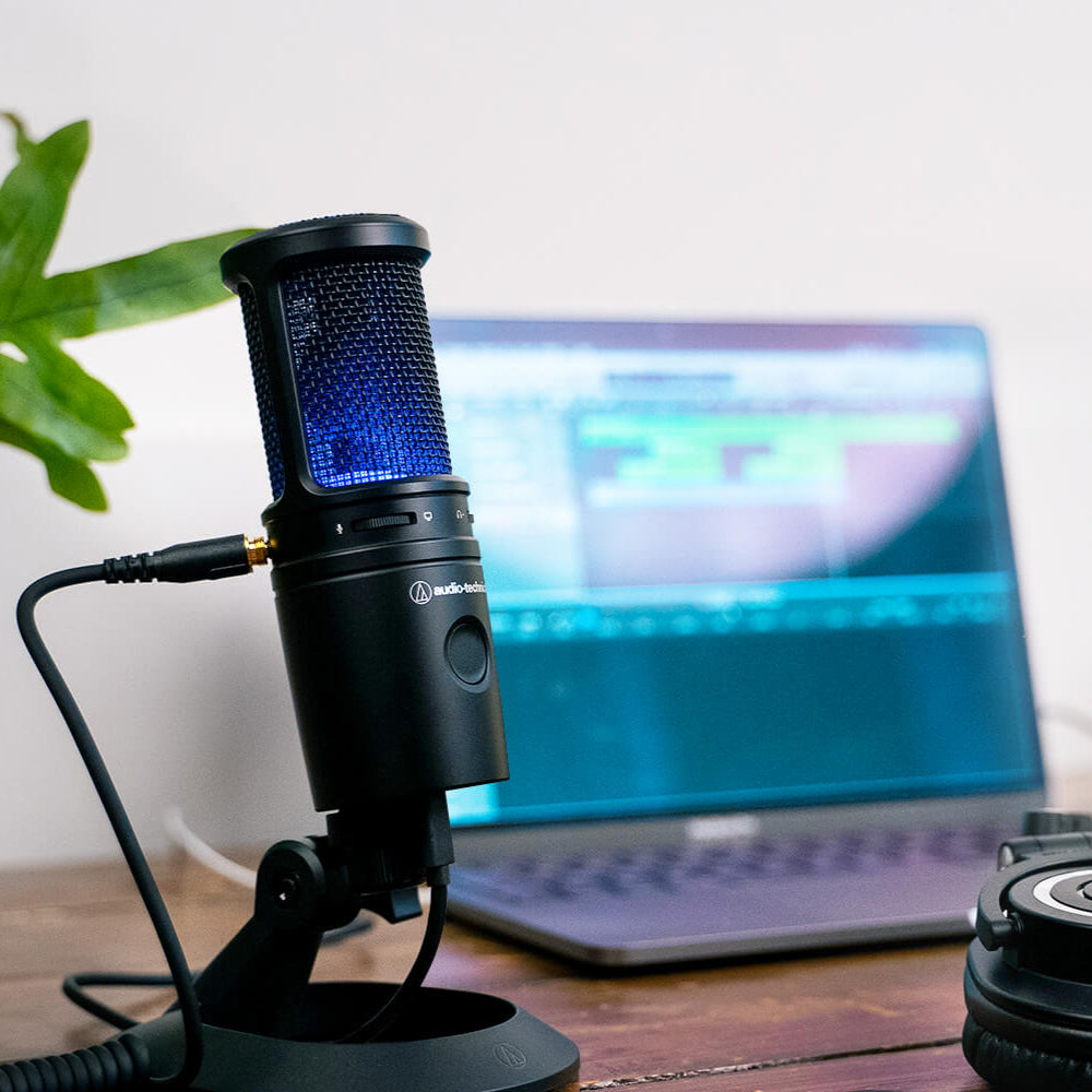 Audio-Technica AT2020USB-X USB condenser microphone, top view, in use