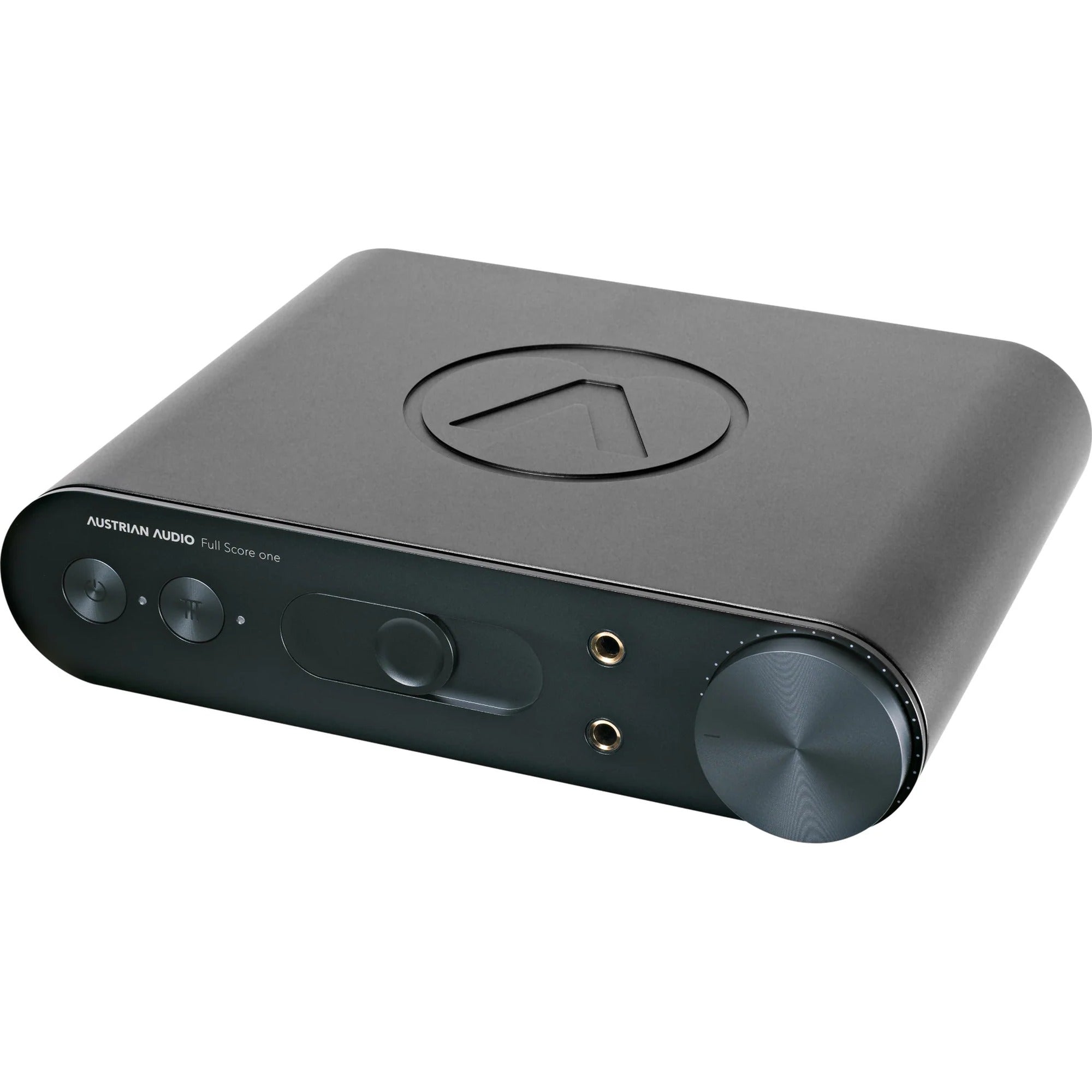 Austrian Audio Full Score One headphone amplifier and DAC with sleek black design and control knobs on front panel.