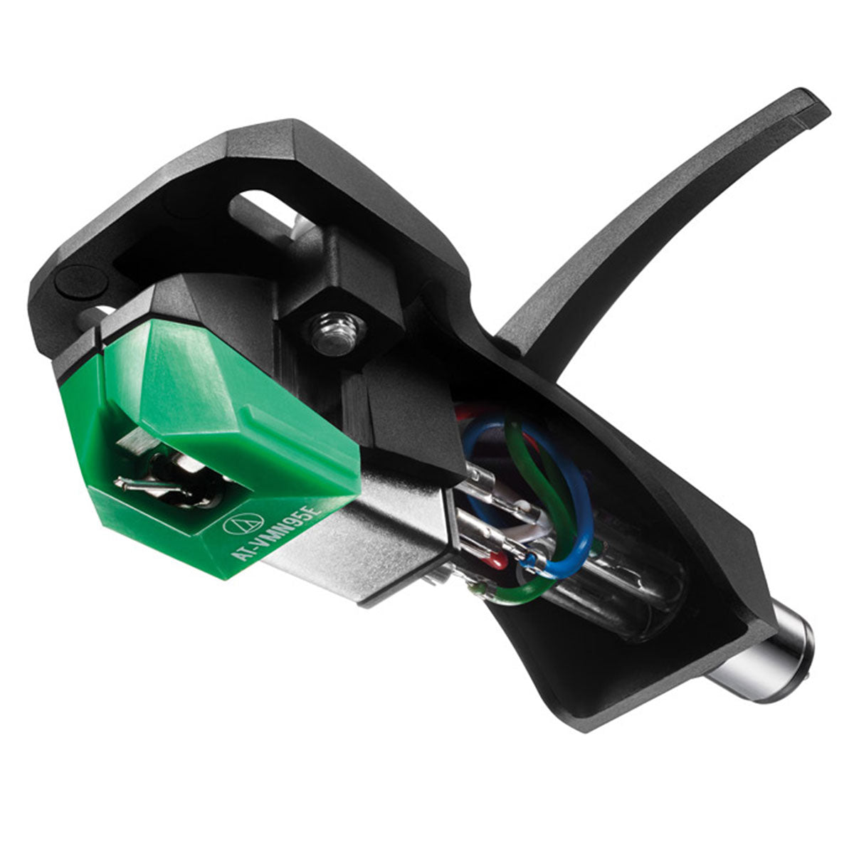 Audio Technica AT-VM95E/H turntable cartridge with headshell, featuring stylus and mounting hardware for record players.