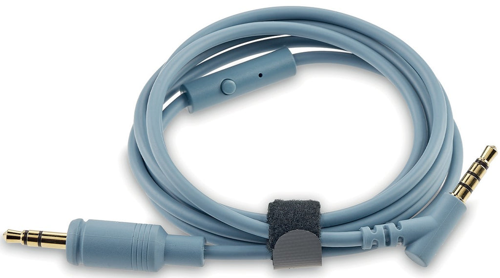 Focal Azurys wired headphones with blue ear cups and cable, showcasing sleek design and comfortable over-ear style.