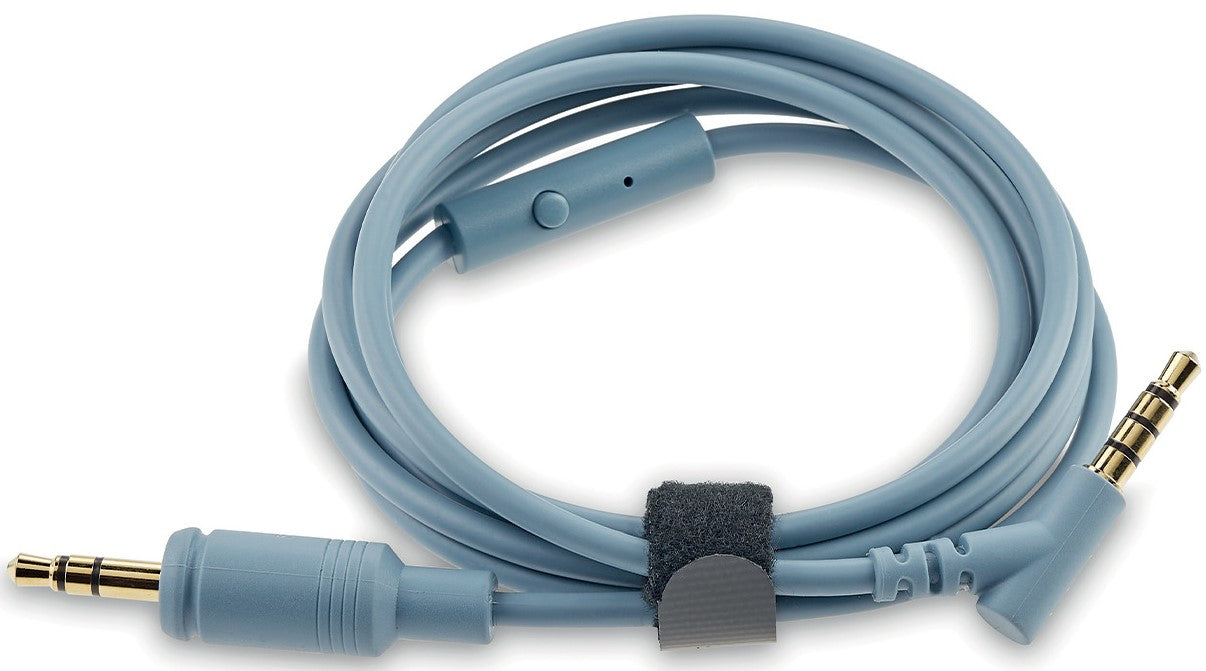 Focal Azurys wired headphones with blue ear cups and cable, showcasing sleek design and comfortable over-ear style.