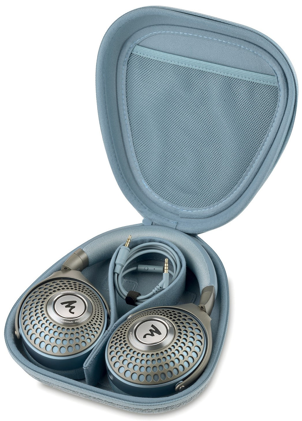Focal Azurys wired headphones with carrying case, showing sleek blue design and padded ear cups for comfortable listening.
