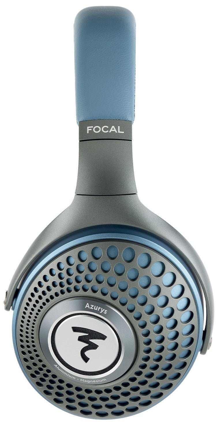 Focal Azurys wired headphones with blue ear cups and sleek design, showing the comfortable headband and detailed ear cushions.
