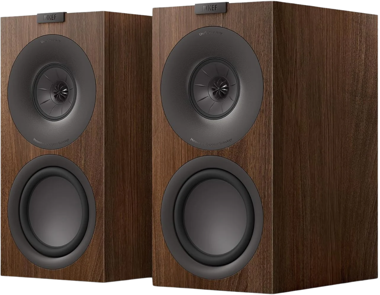 KEF Q Concerto Meta passive bookshelf speakers with black finish and sleek design, showing drivers and speaker grille.