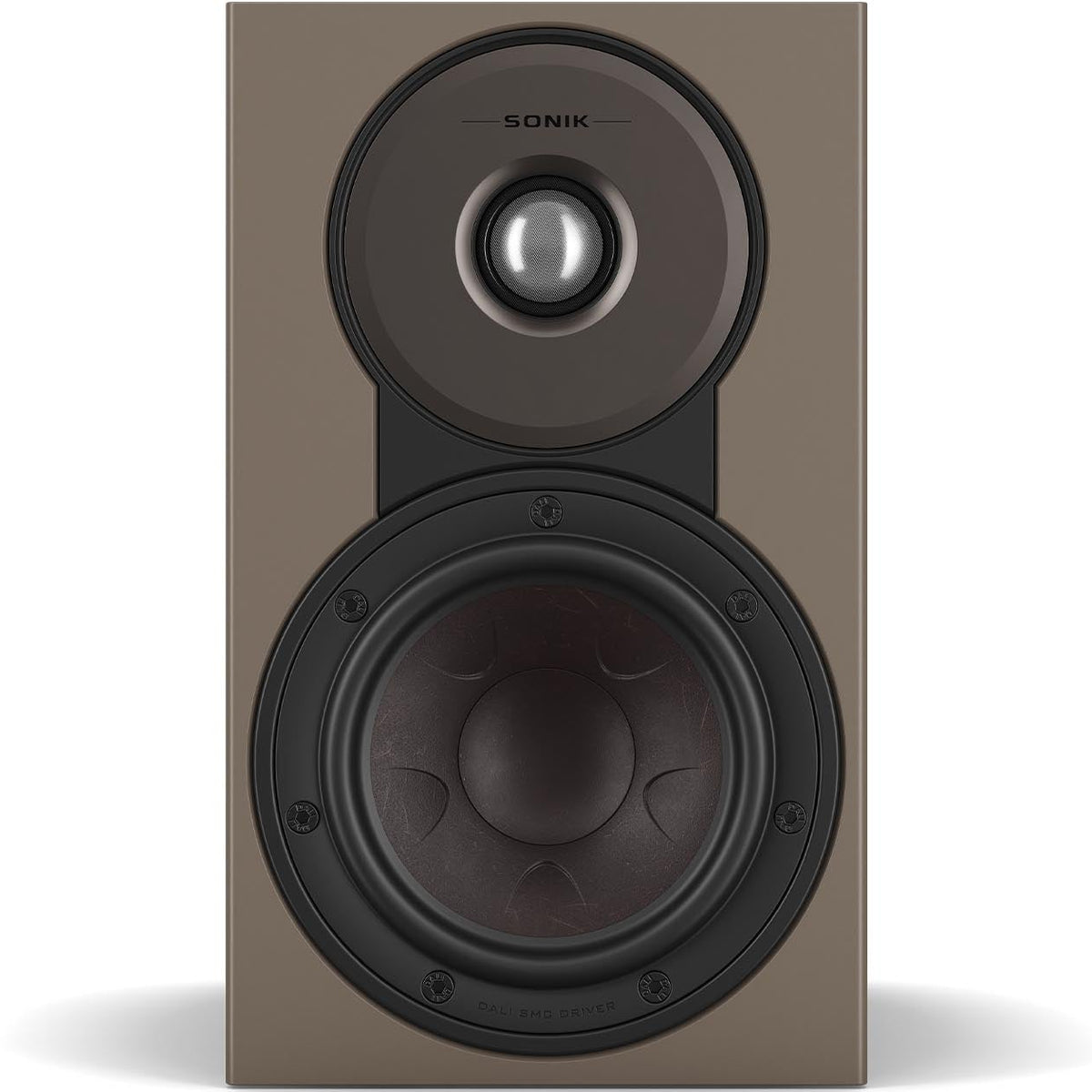 DALI Sonik 1 passive bookshelf speakers with black finish, compact design, and twin drivers for clear audio performance.
