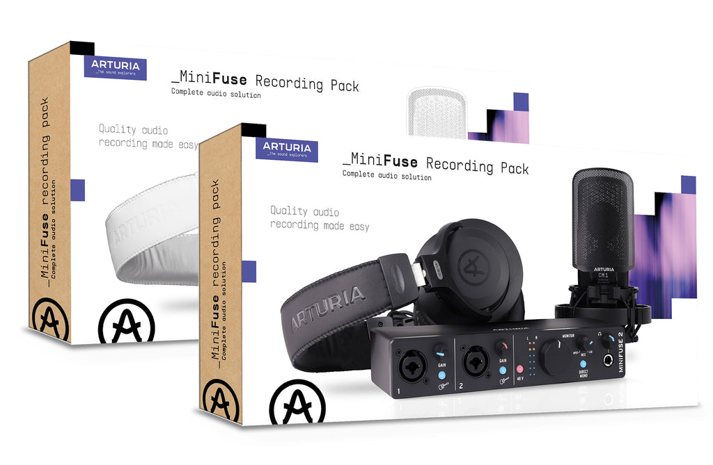 Arturia MiniFuse Recording Pack studio bundle featuring audio interface, headphones, and accessories for music production.