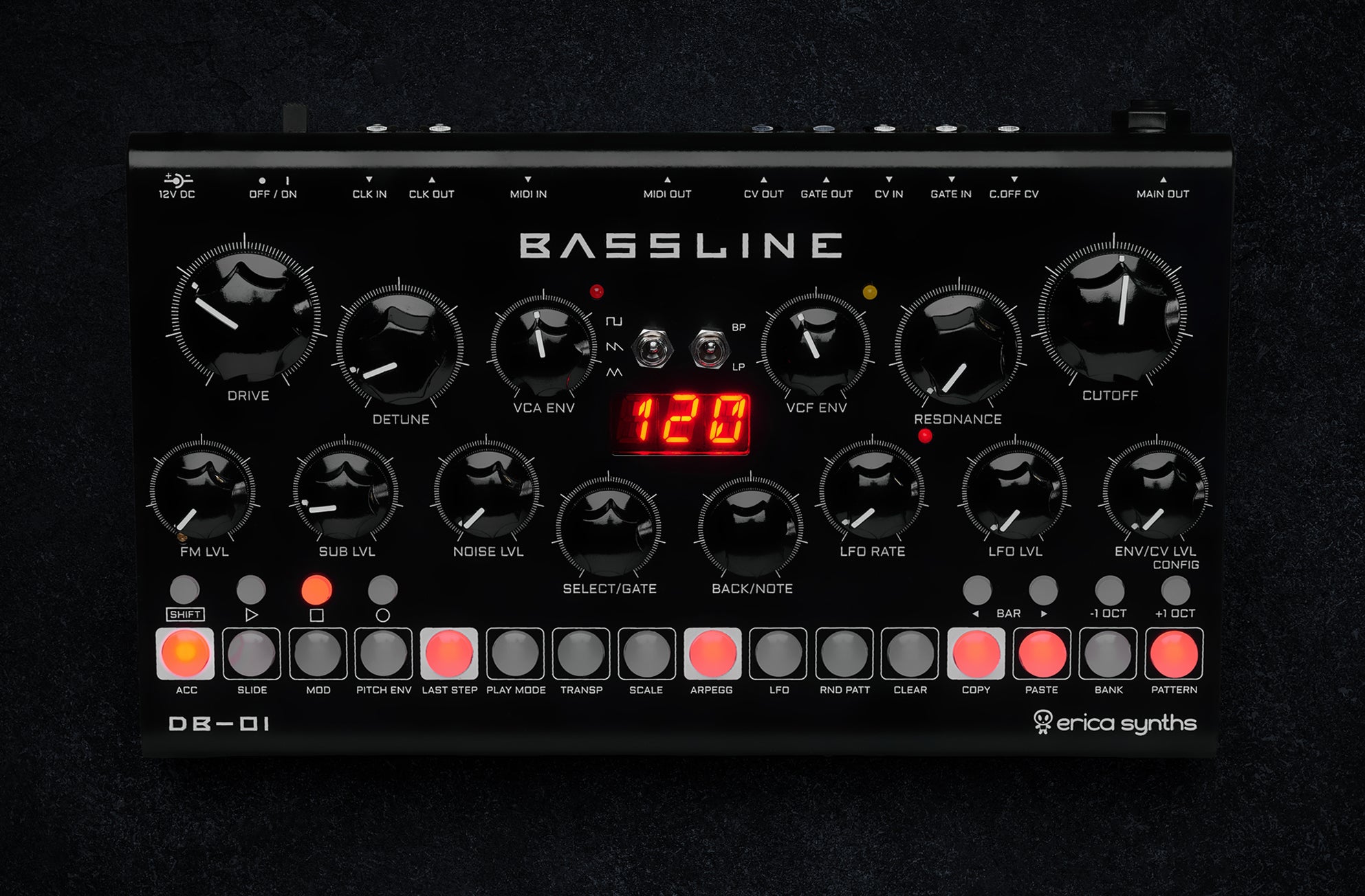 Erica Synths Desktop Bassline DB-01 synthesizer with knobs and cables, compact electronic music instrument for bass sounds.