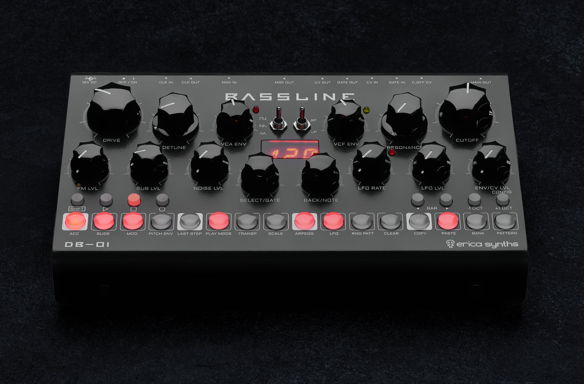 Erica Synths Desktop Bassline DB-01 synthesizer with knobs and keyboard interface, compact desktop design for bassline sounds.