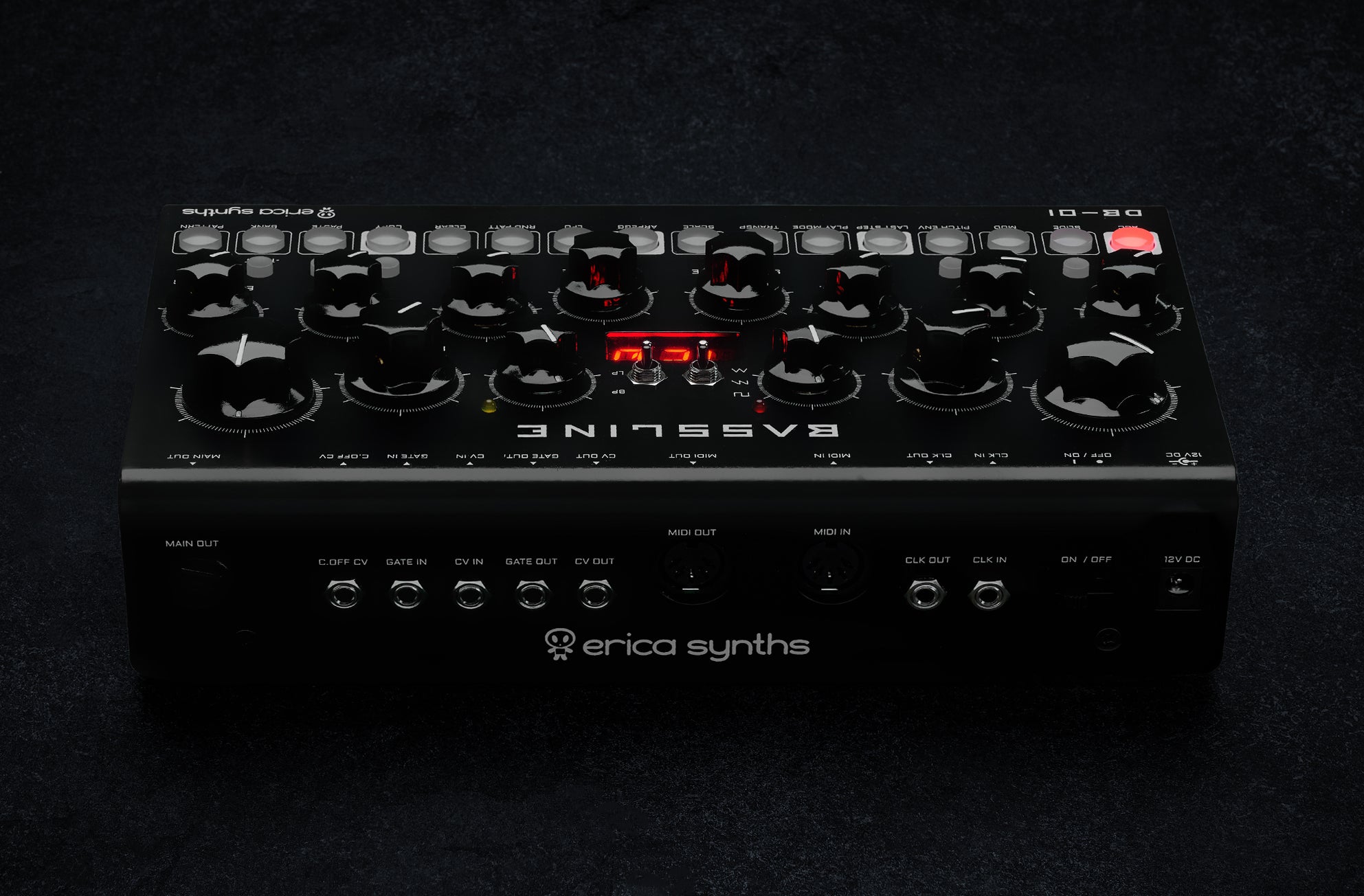 Erica Synths Desktop Bassline DB-01 synthesizer with knobs and patch points, compact desktop design for bass sounds.
