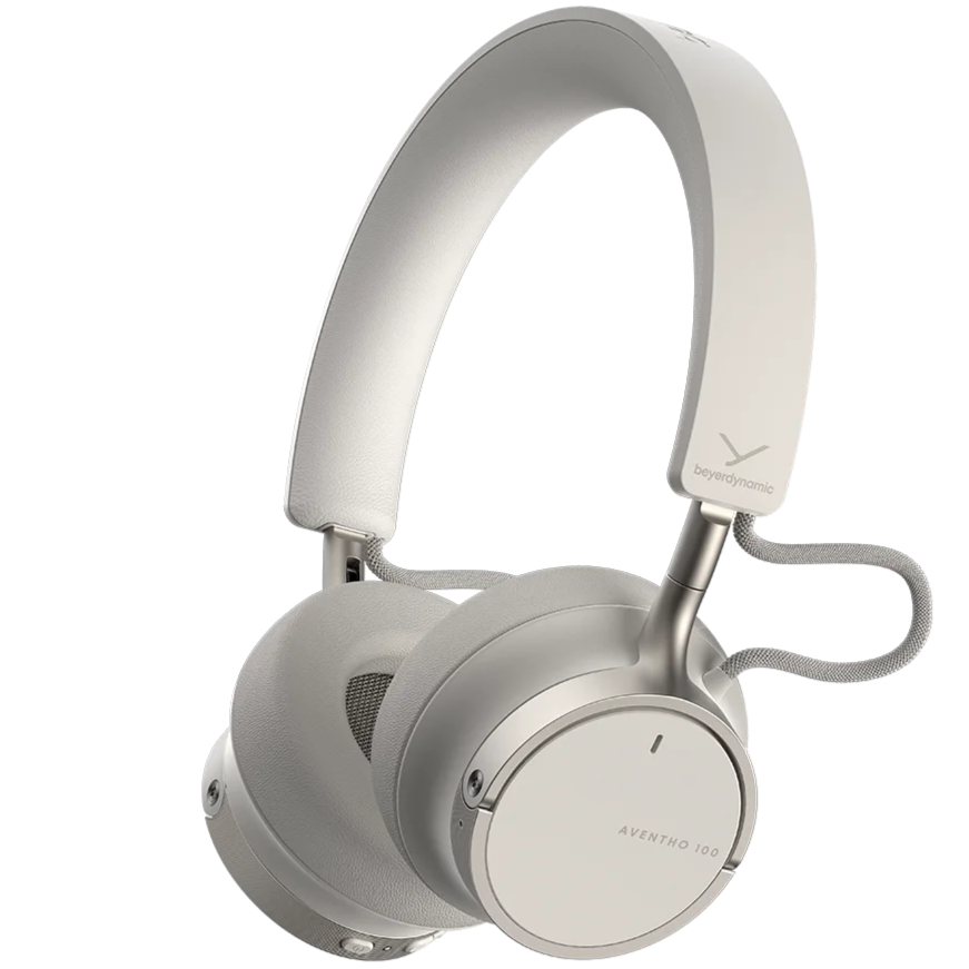 Beyerdynamic Aventho 100 wireless headphones in cream, angled view