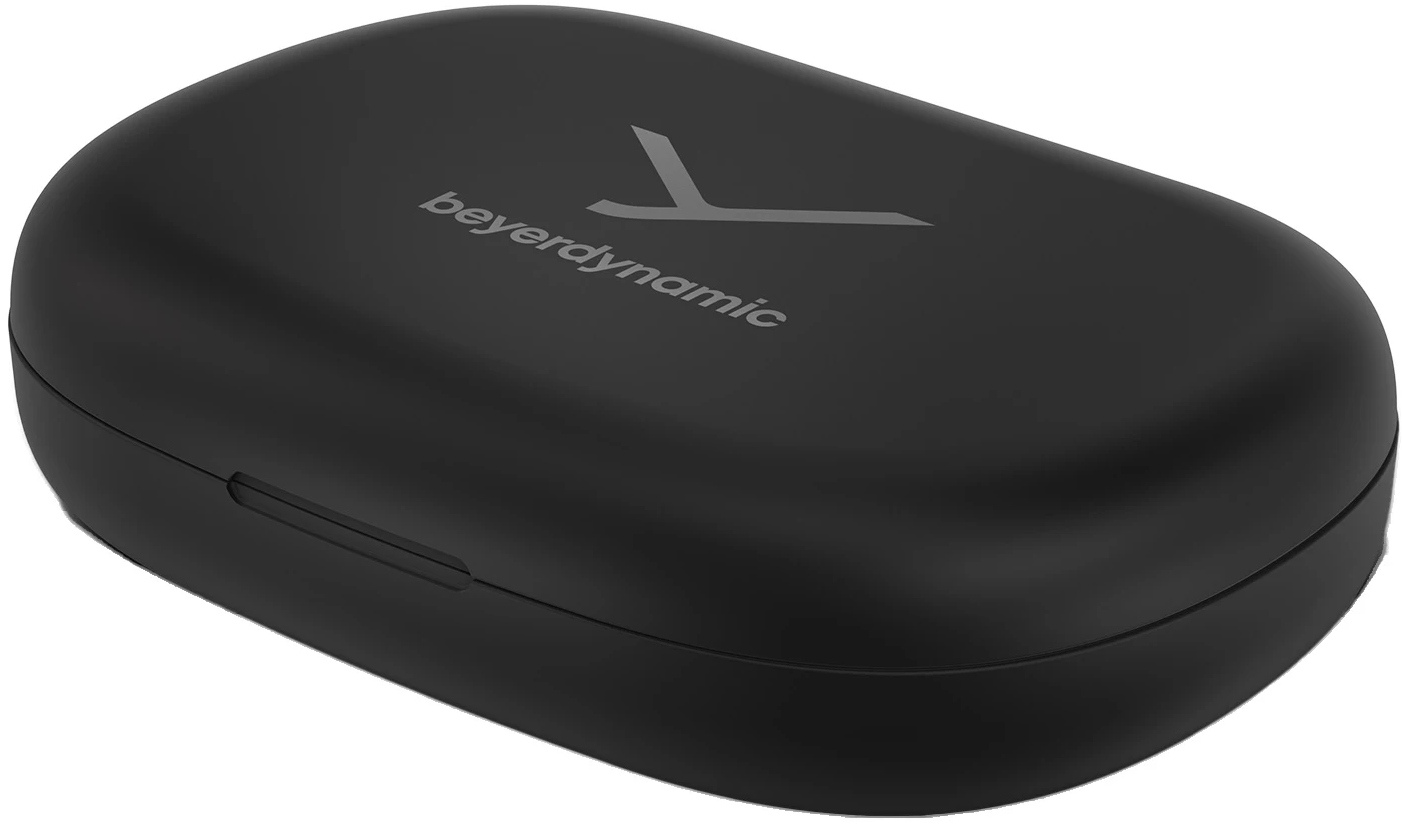 Black Beyerdynamic Verio 200 wireless in-ear headphones with sleek design and inline controls.
