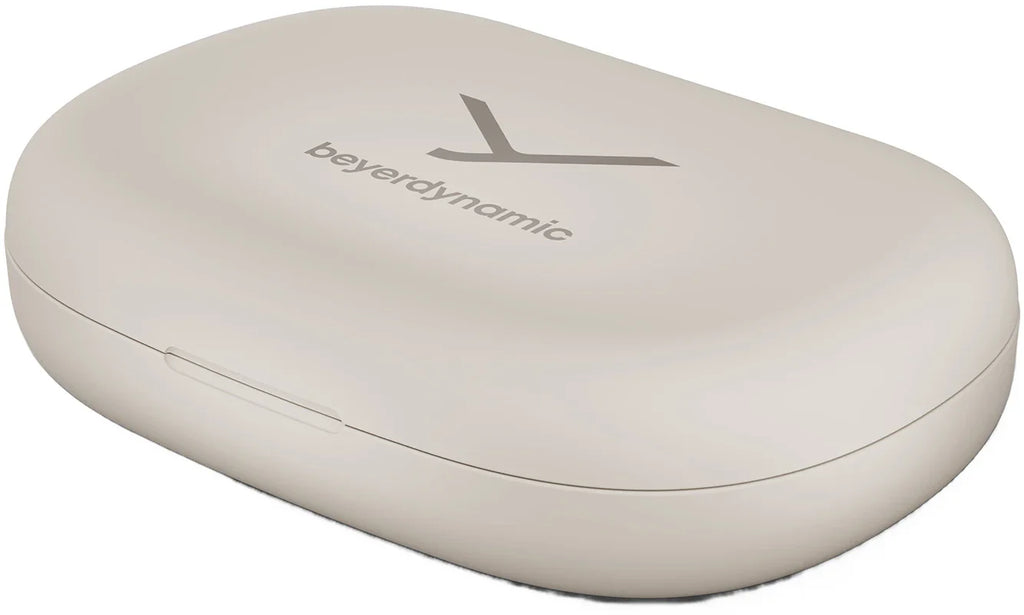 Beyerdynamic Verio 200 wireless in-ear headphones in cream, showing the sleek design and earbud components.