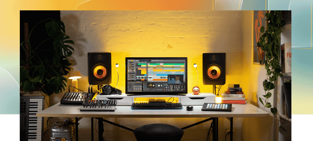 Bitwig Studio Essentials 5 music production software interface with digital audio workstation features and colorful visual elements.