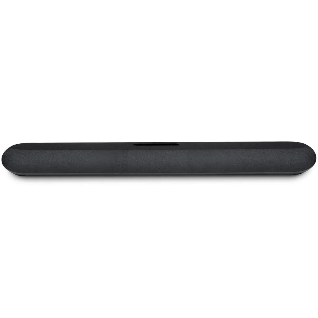 Bluesound Pulse Cinema Mini soundbar in black, front view showing sleek design and table-top placement for TV audio system.