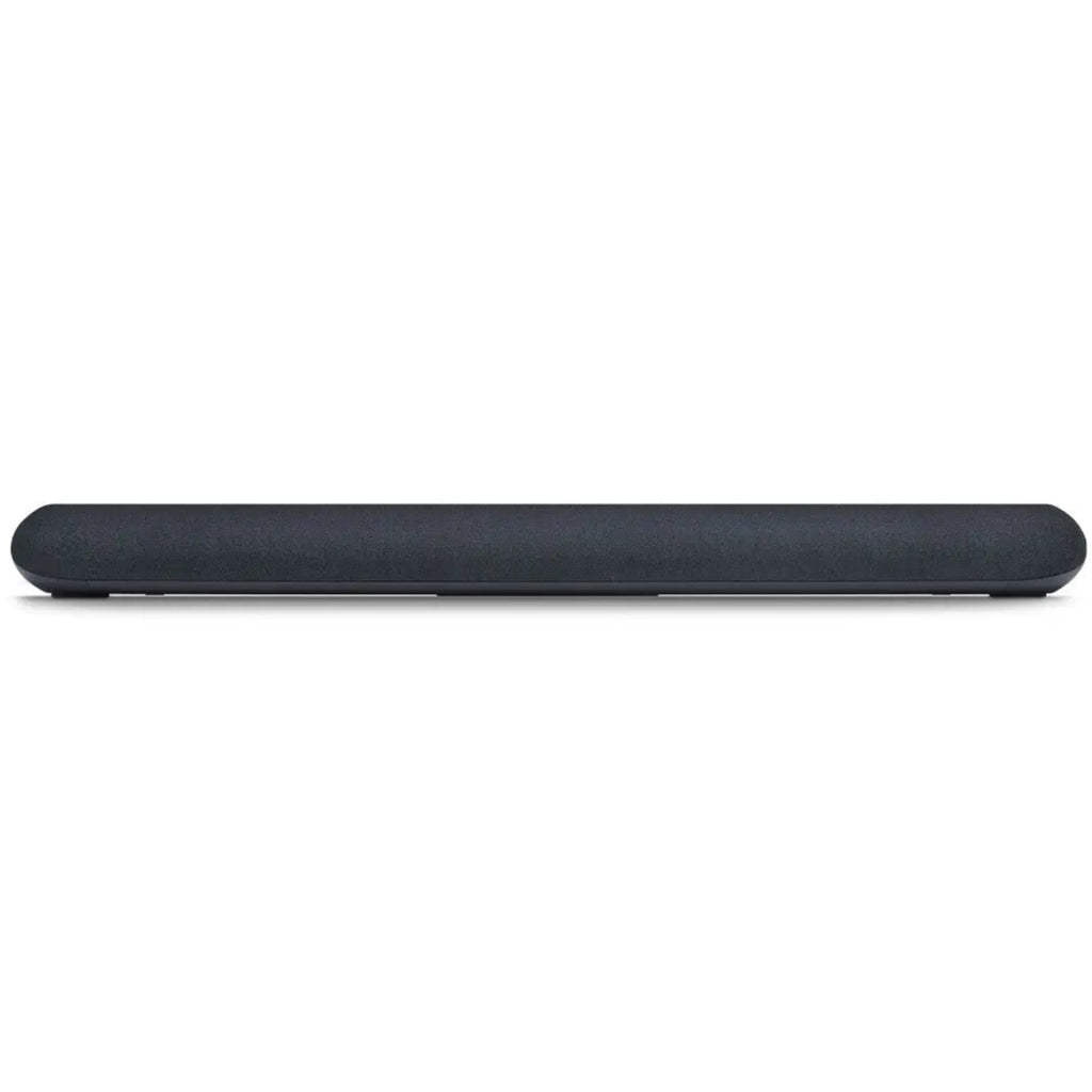 Bluesound Pulse Cinema Mini soundbar in black, front view on a tabletop, showcasing its sleek design and compact size.