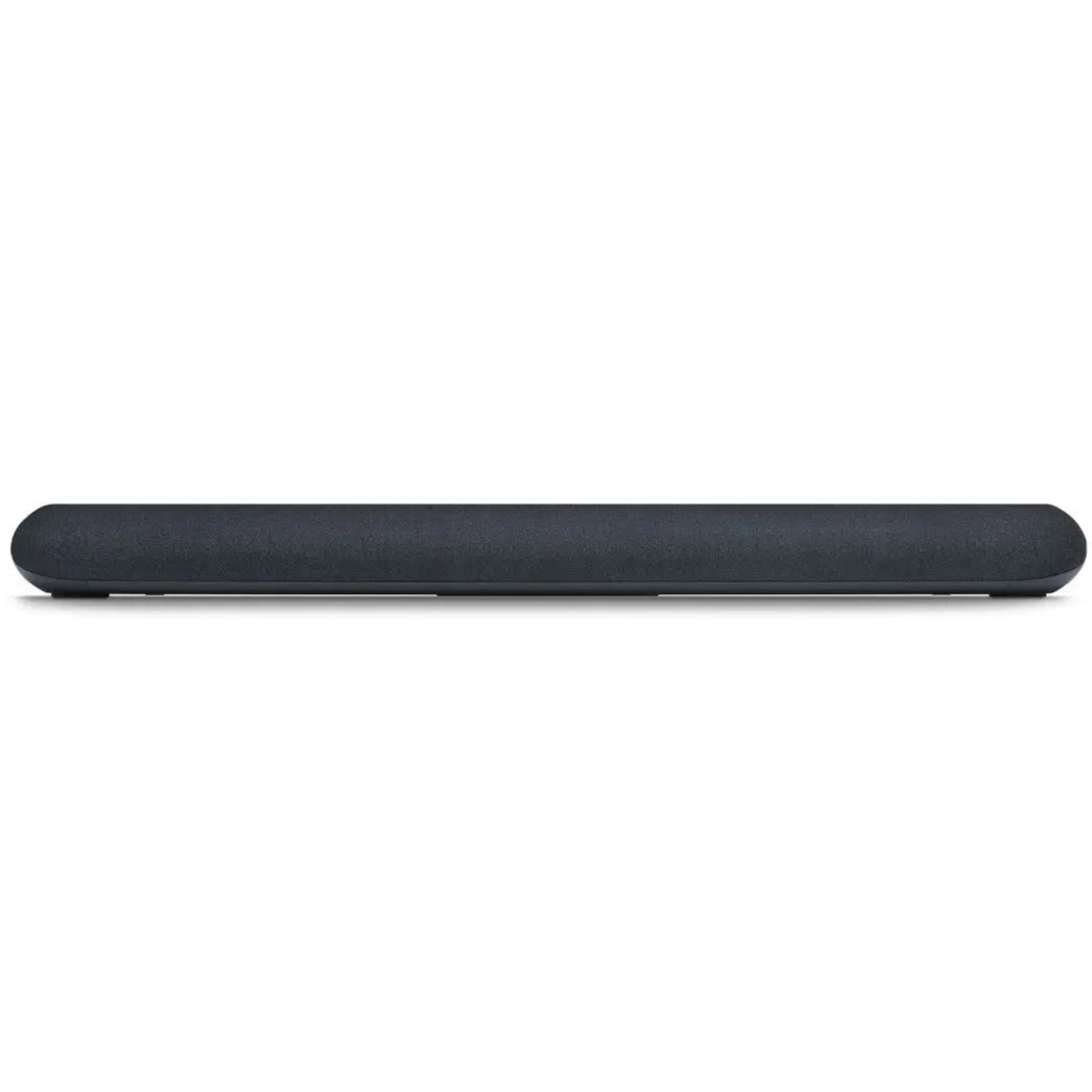 Bluesound Pulse Cinema Mini soundbar in black, front view on a tabletop, showcasing its sleek design and compact size.