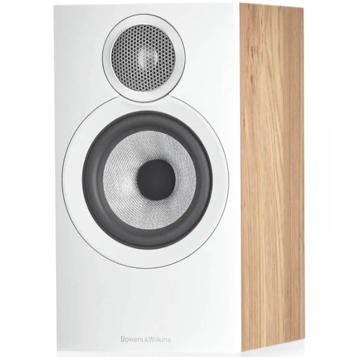 Bowers & Wilkins 607 S3 passive bookshelf speaker in oak wood finish, showcasing its compact design and sleek speaker grille.