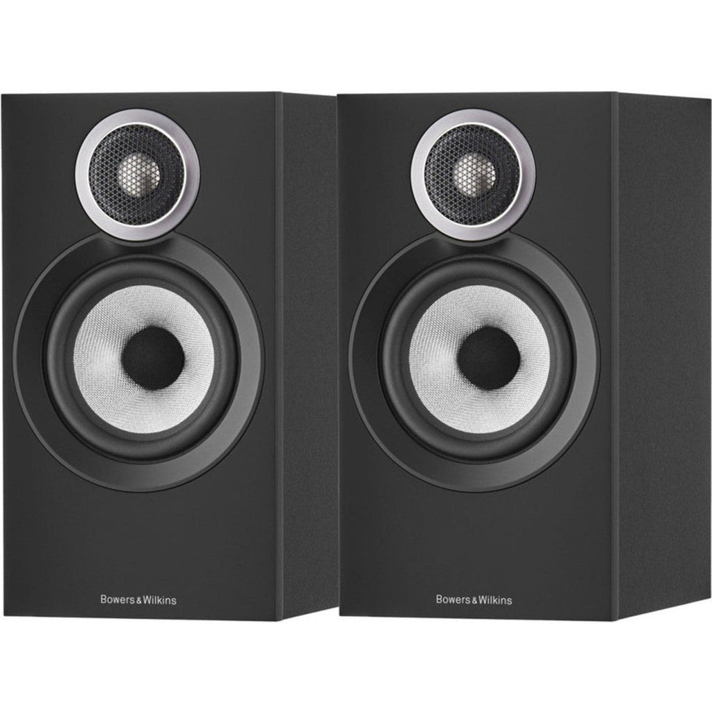 Bowers & Wilkins 607 S3 passive bookshelf speakers with black finish and sleek design, showing the front view with drivers.