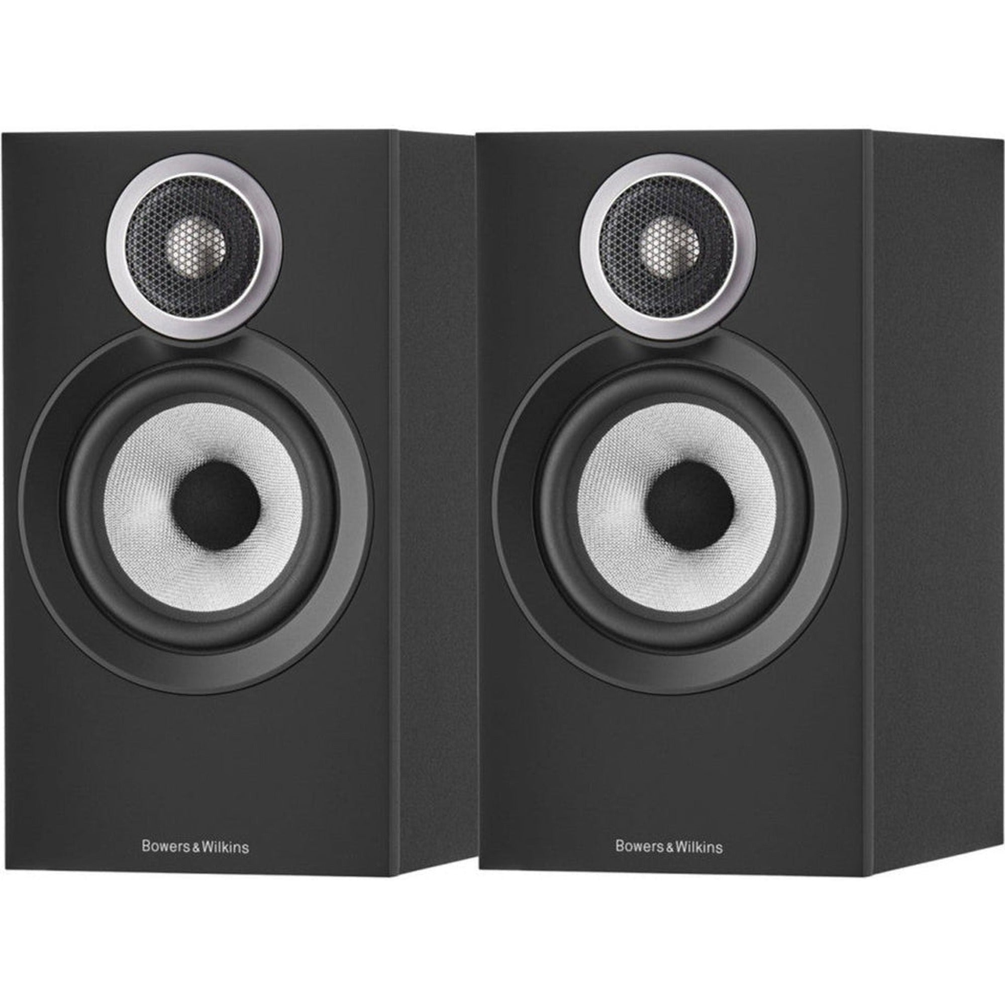 Bowers & Wilkins 607 S3 passive bookshelf speakers with black finish and sleek design, showing the front view with drivers.