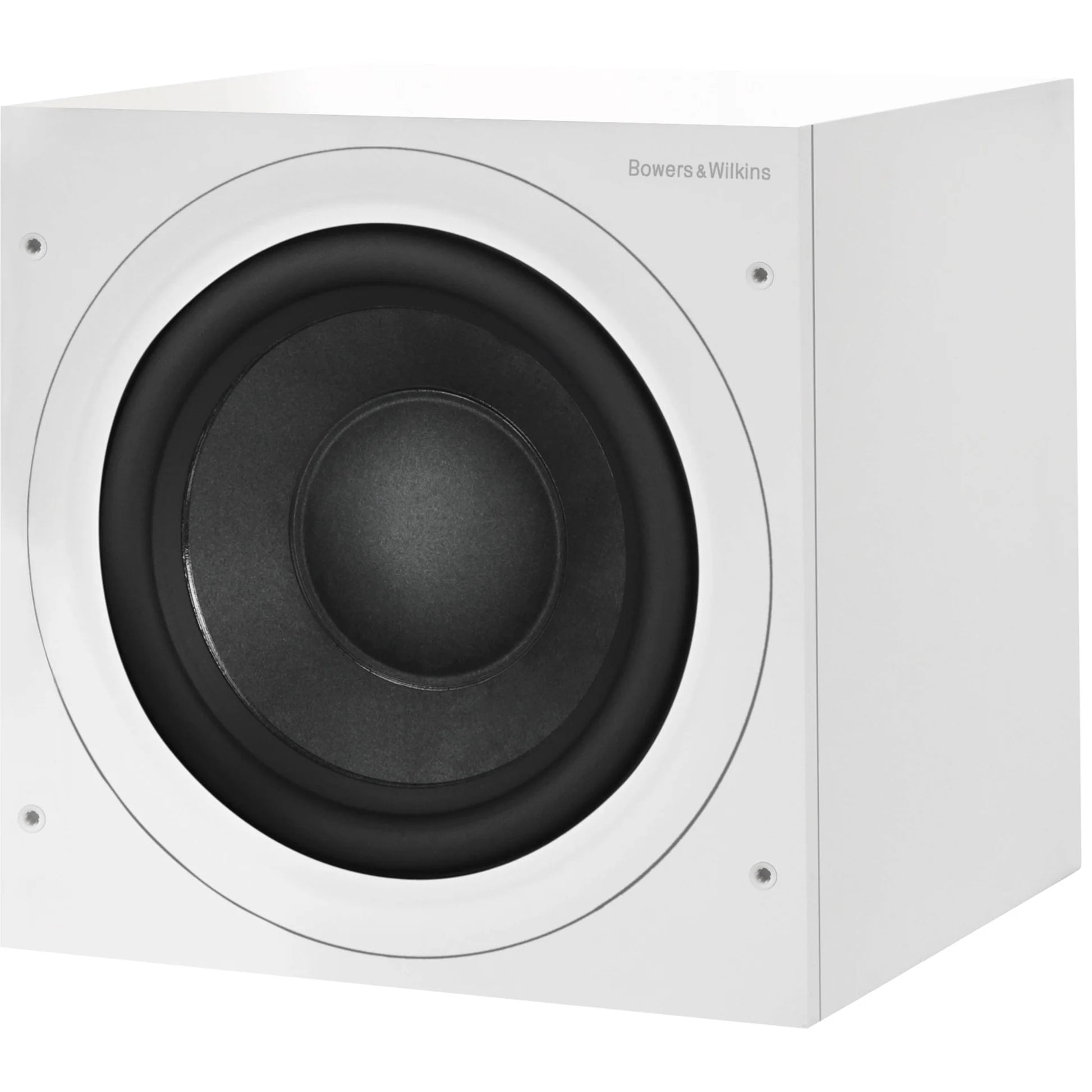 Bowers & Wilkins ASW608 subwoofer, angled view in matte white
