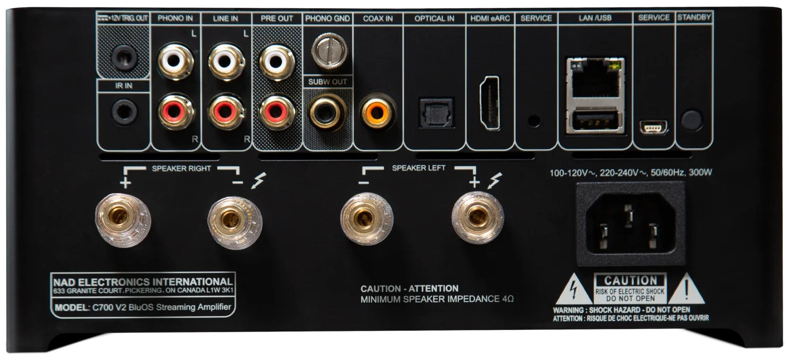 NAD C 700 V2 music streamer rear view, showing connection ports and sleek black design with a modern finish.