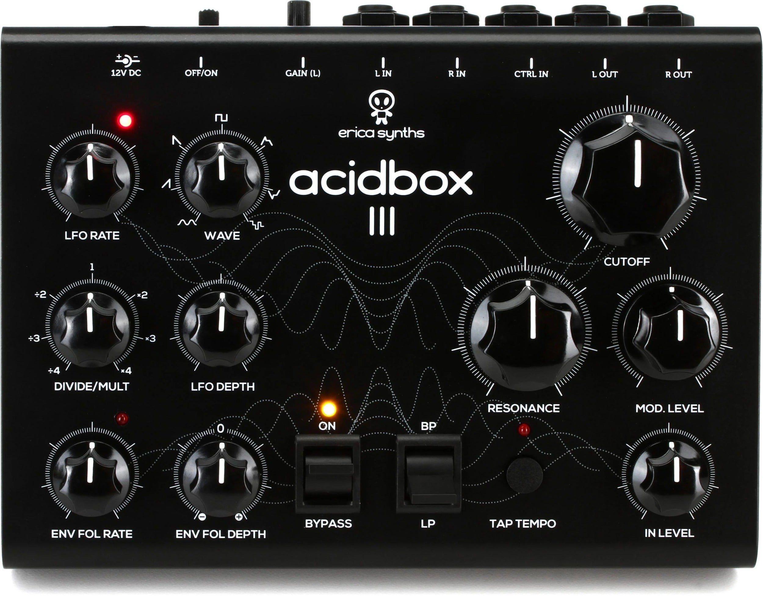 Erica Synths Acidbox III effects pedal with colorful knobs and input/output jacks, designed for sound modulation and synthesis.