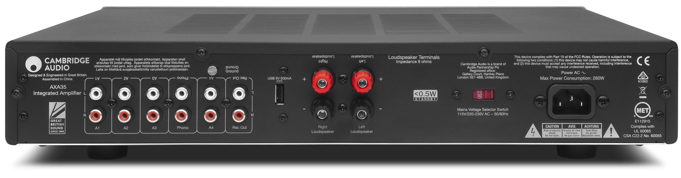 Cambridge Audio AXA35 stereo amplifier, black, front view