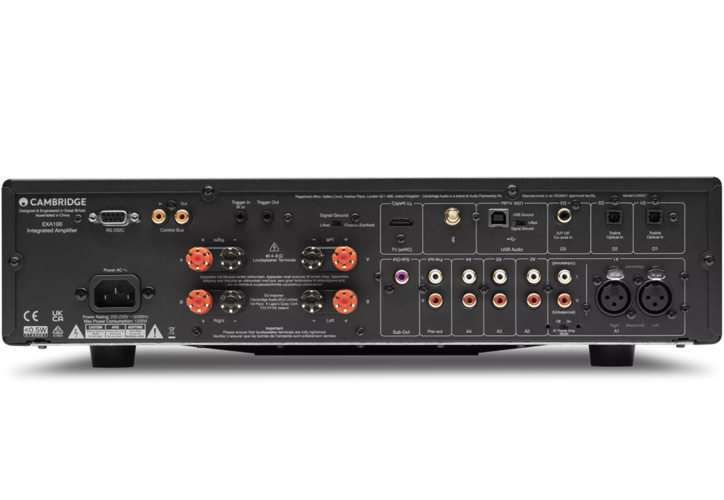 Cambridge Audio EXA100 integrated stereo amplifier, black, front view