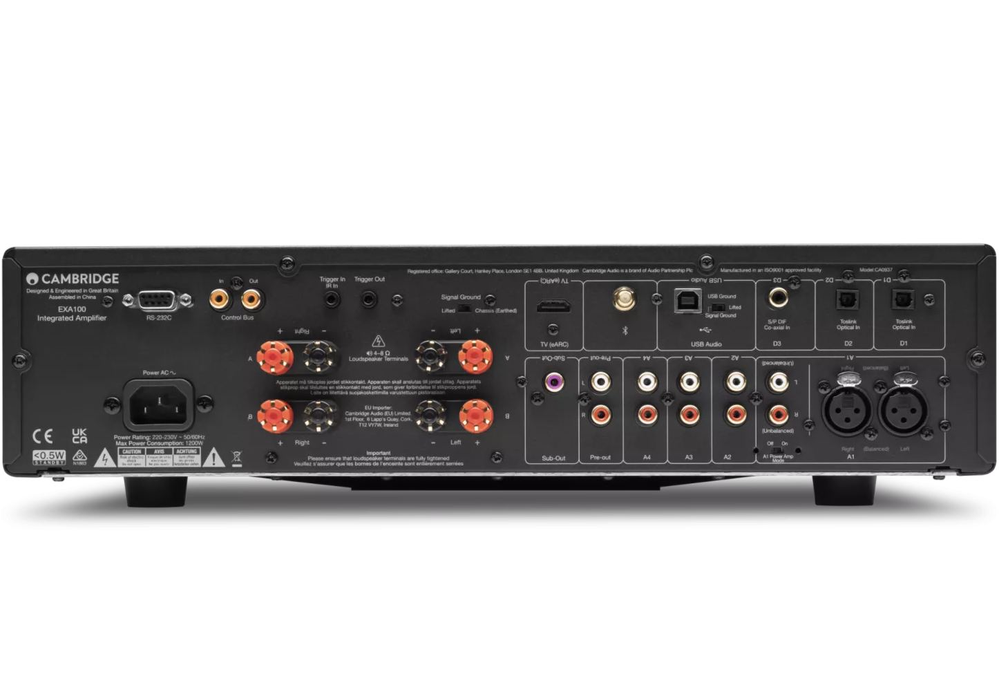 Cambridge Audio EXA100 integrated stereo amplifier, black, front view
