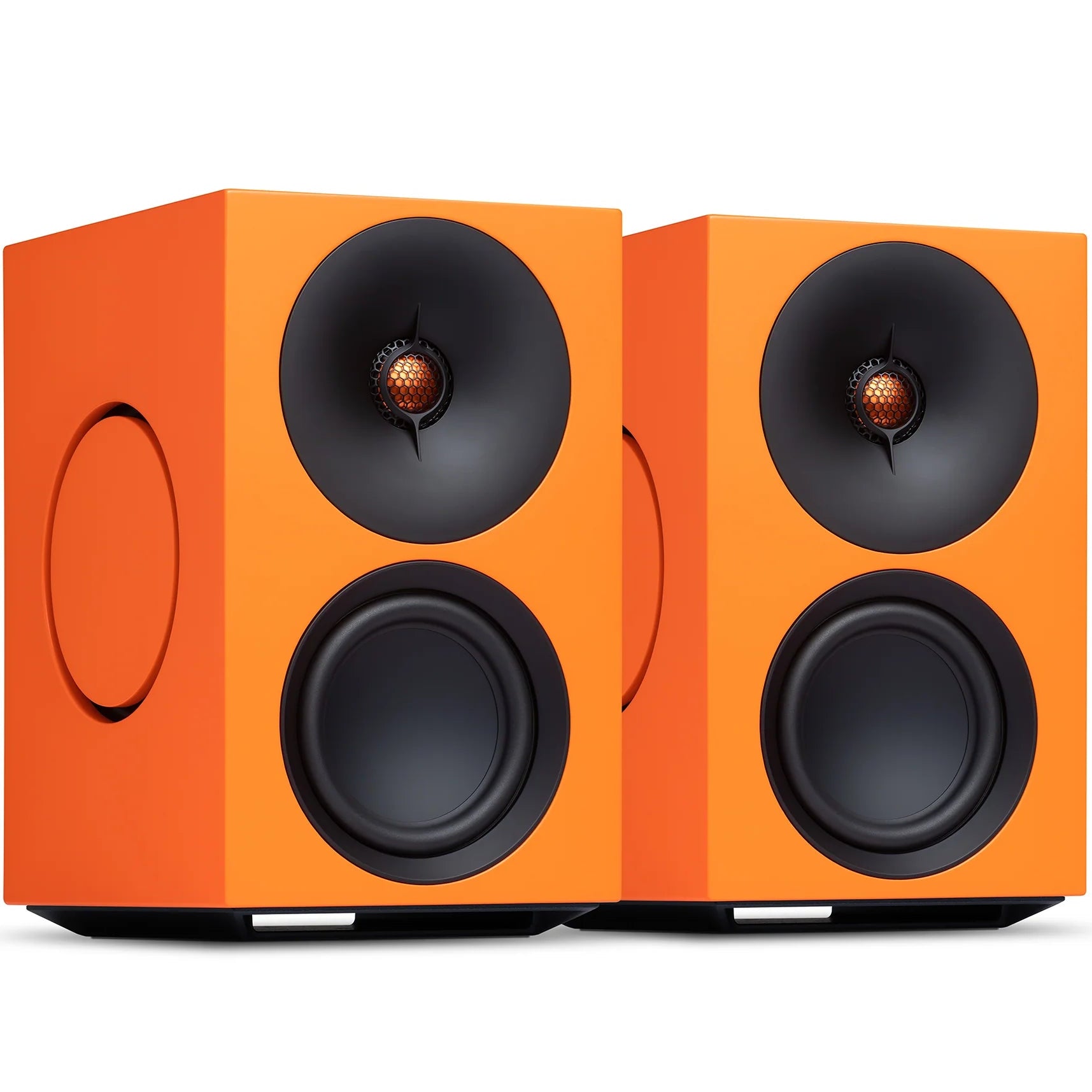 Cambridge Audio L/R M active bookshelf speakers, orange, front view