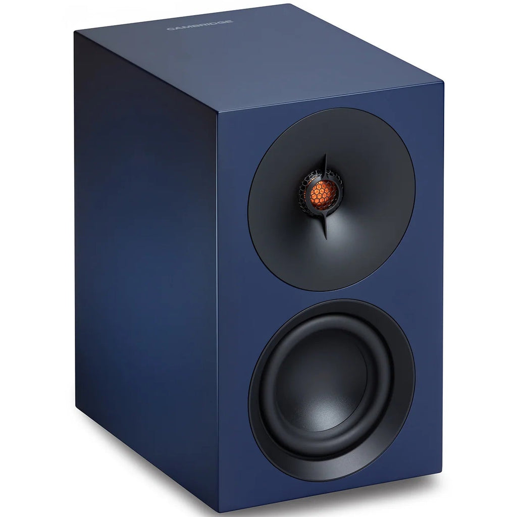 Cambridge Audio L/R S active bookshelf speakers, blue, front view