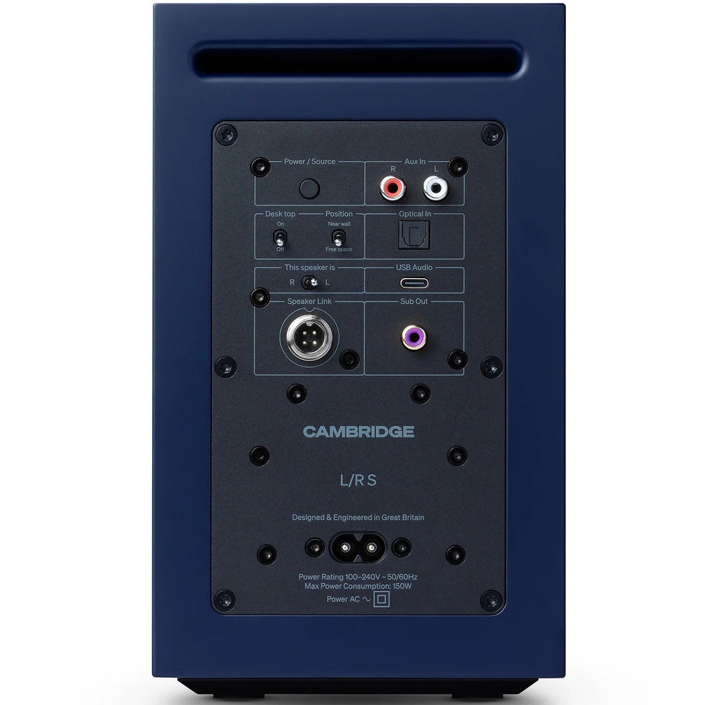 Cambridge Audio L/R S active bookshelf speakers, blue, front view