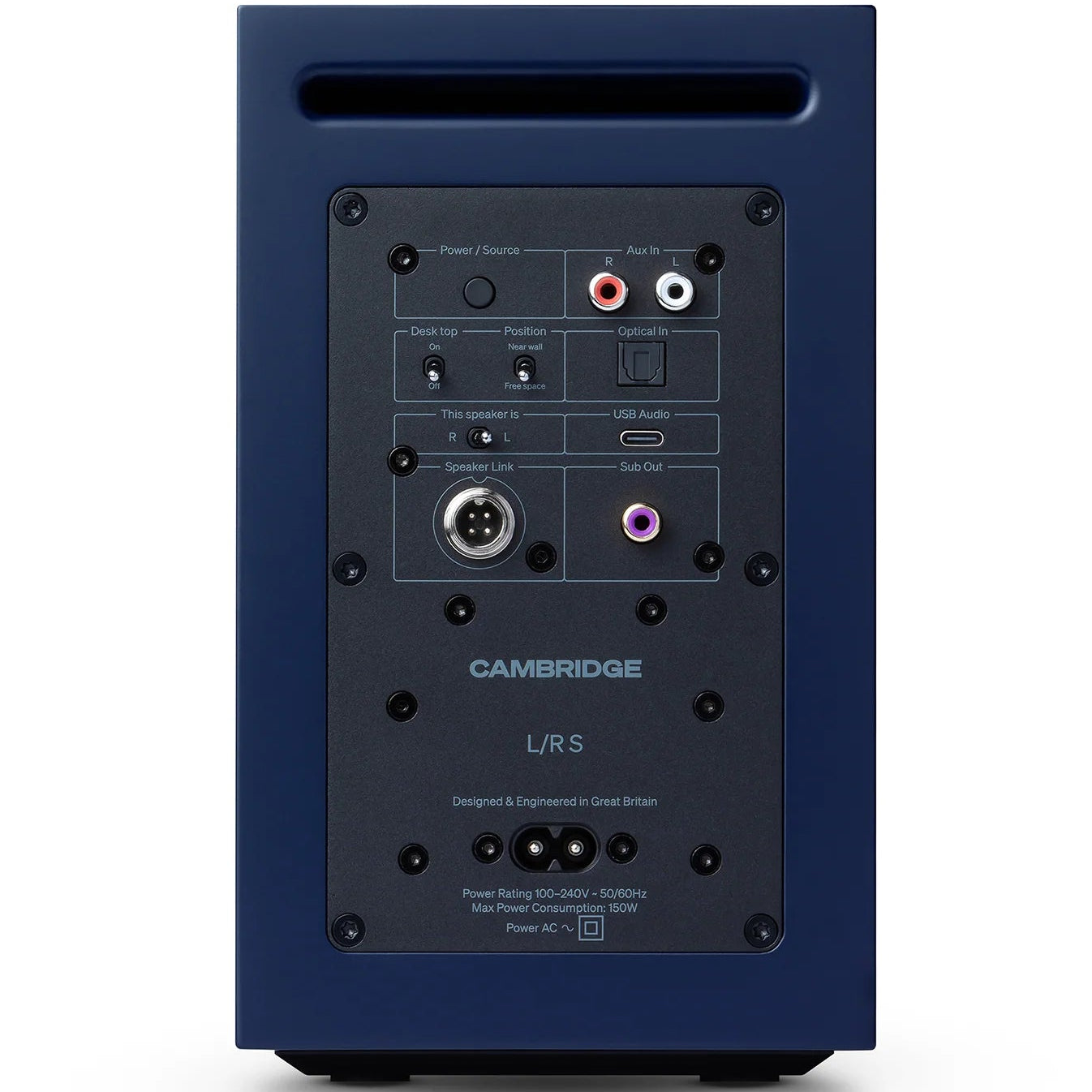 Cambridge Audio L/R S active bookshelf speakers, blue, front view