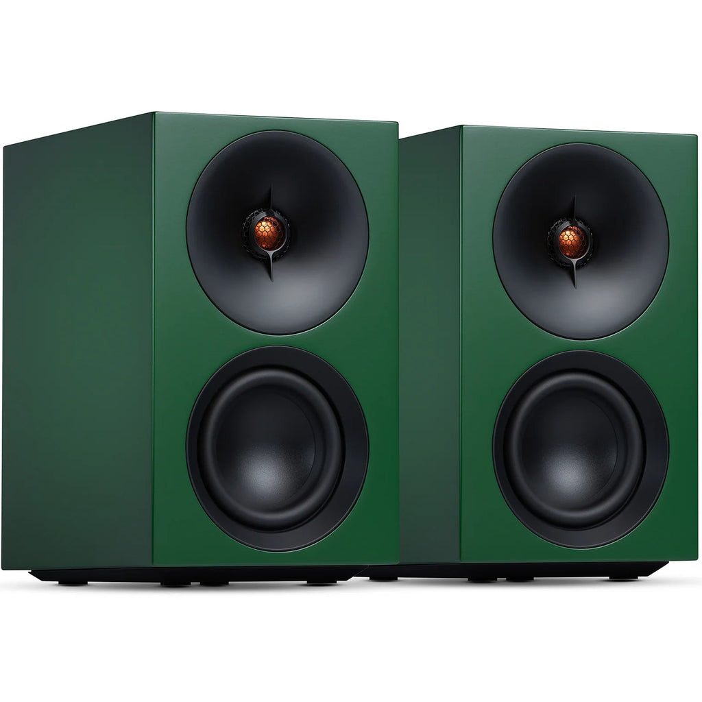 Cambridge Audio L/R S active bookshelf speakers, green, front view