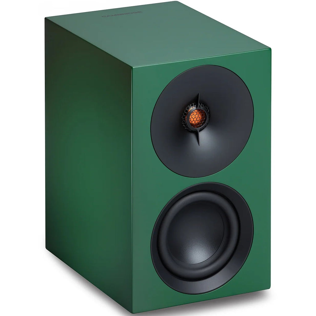 Cambridge Audio L/R S active bookshelf speakers, green, front view