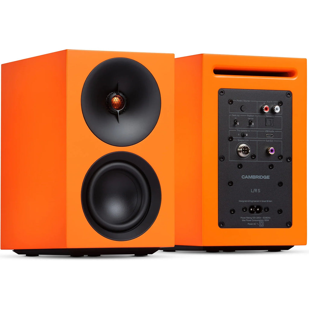 Cambridge Audio L/R S active bookshelf speakers, orange, front view
