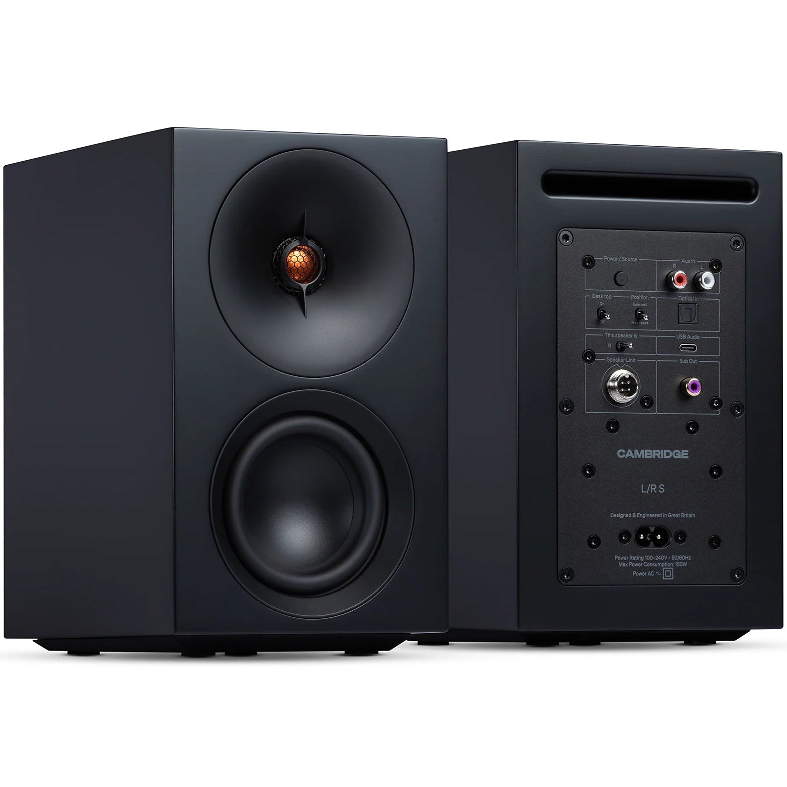 Cambridge Audio L/R S active bookshelf speakers, black, front view