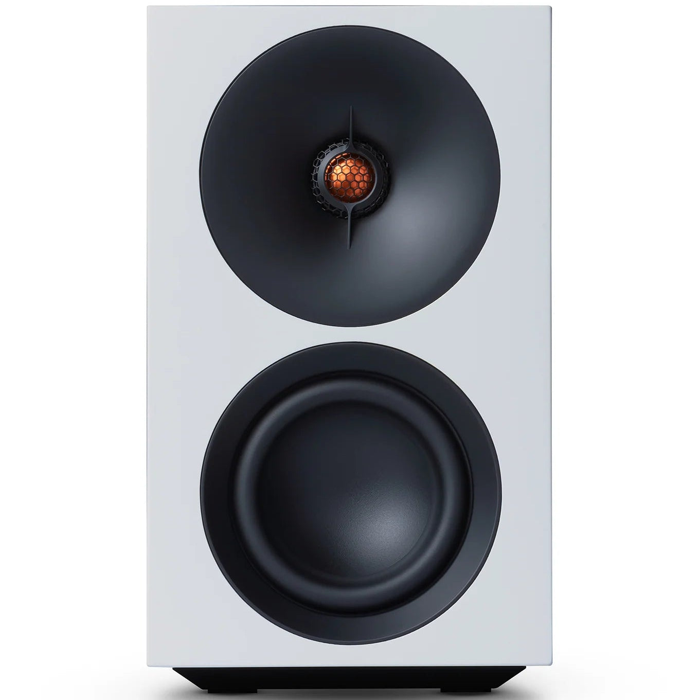 Cambridge Audio L/R S active bookshelf speakers, white, front view